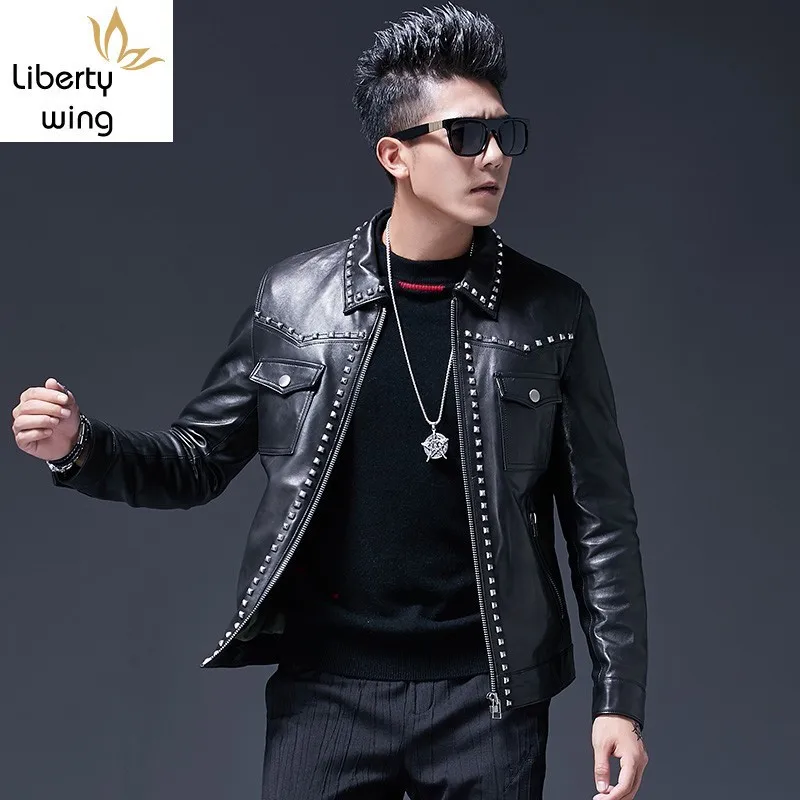 

Luxury Designer Mens Sheepskin Genuine Leather Punk Rivet Jacket Slim Fit Beading Motor Biker Coats Chaqueta Cuero Hombre 4XL