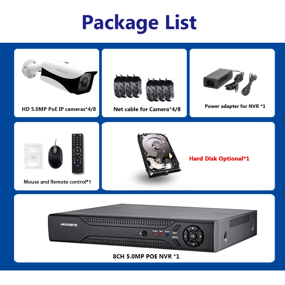 PoE NVR звукозапись 8CH 5MP 8 шт. 3,6 мм объектив 5MP IP уличная камера H.265 POE Система P2P Облачное наблюдение ПК телефон XMEYE приложение