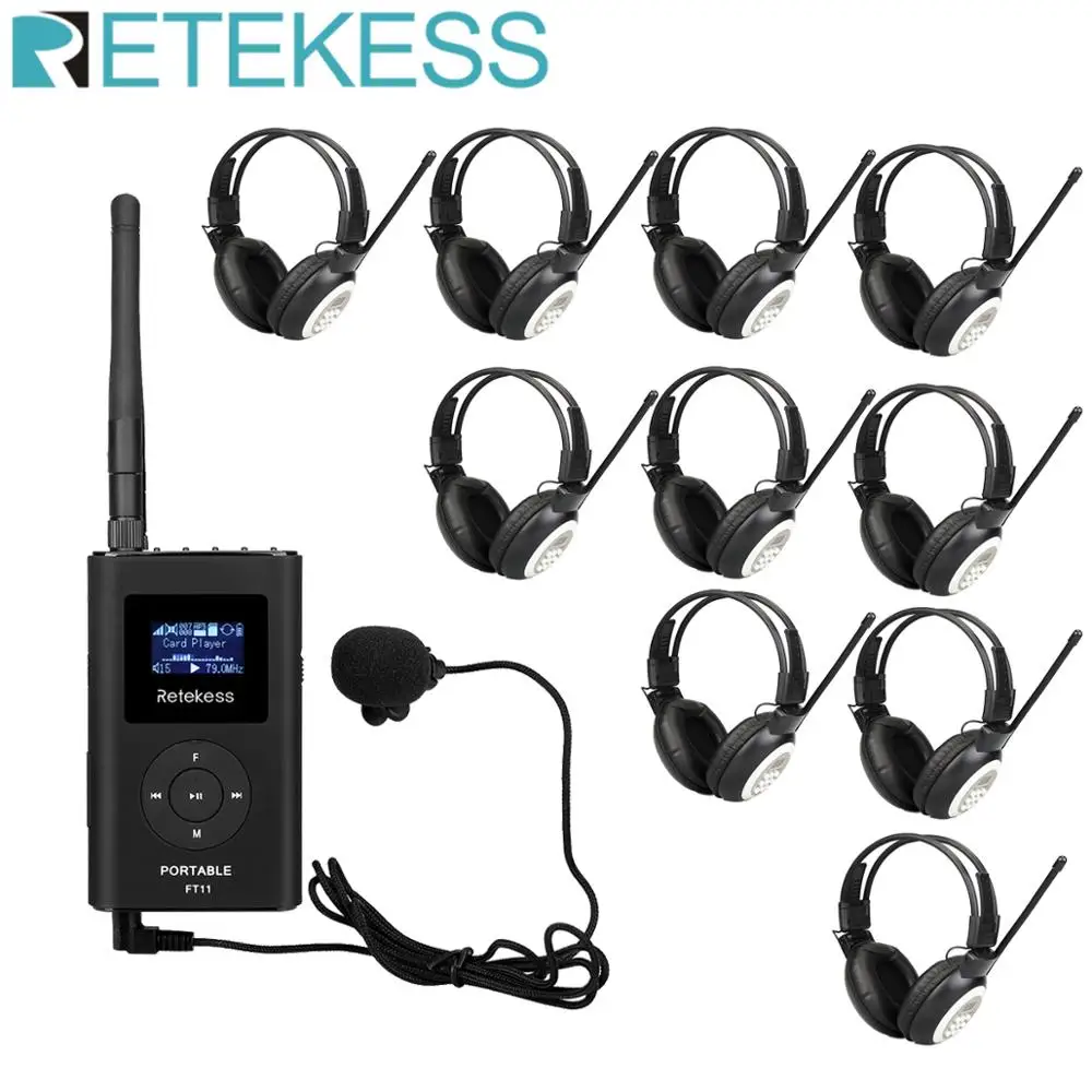 

Retekess 0.3W FM Transmitter FT11+10pcs Headphone TR101 MP3 Broadcast Radio Transmitter for Meeting Church Tour Guide System