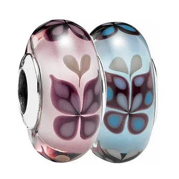 

Real Pink Butterfly Kisses Lampwork Murano Glass Charm 925 Sterling Silver Original Bead Fit Bracelet Bangle DIY Jewelry