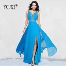 Сексуальное синее платье для выпускного вечера, Новое поступление, пышное шифоновое плиссированное платье с v-образным вырезом и разрезом, украшенное бисером, Vestido de Festa