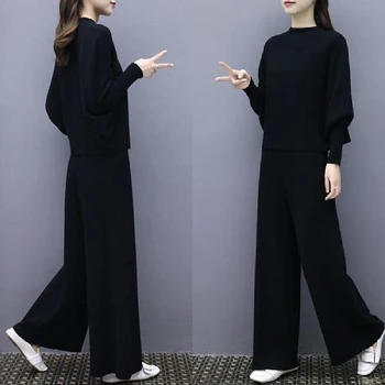 

Women Black Suit Bat Sleeve Knit Wide Leg Pants Loose Large Size Two Piece Long Sleeve Bandage Top Wide Leg Pants Suit