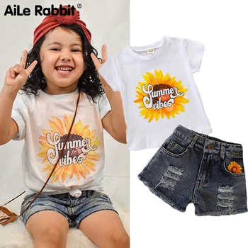 

Summer Girls Jeans Set Short Sleeve T-Shirt Cartoon Sunflower Letter Set For The Girl's Suit Children's Wear Boutique Apparel