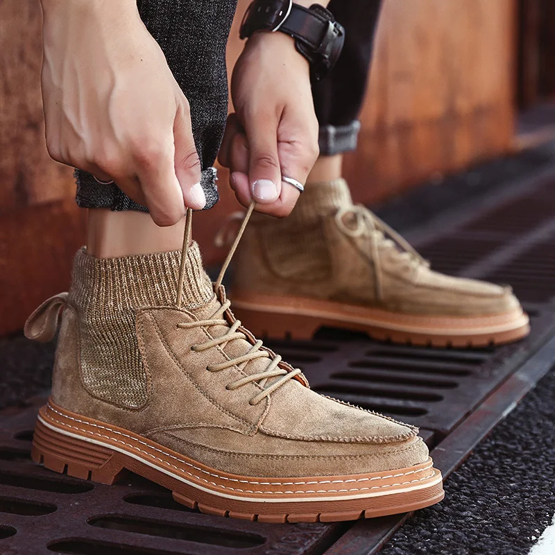 autumn men's ankle boots casual pigskin leather socks shoes male combat combat boot man timber land military boots for men