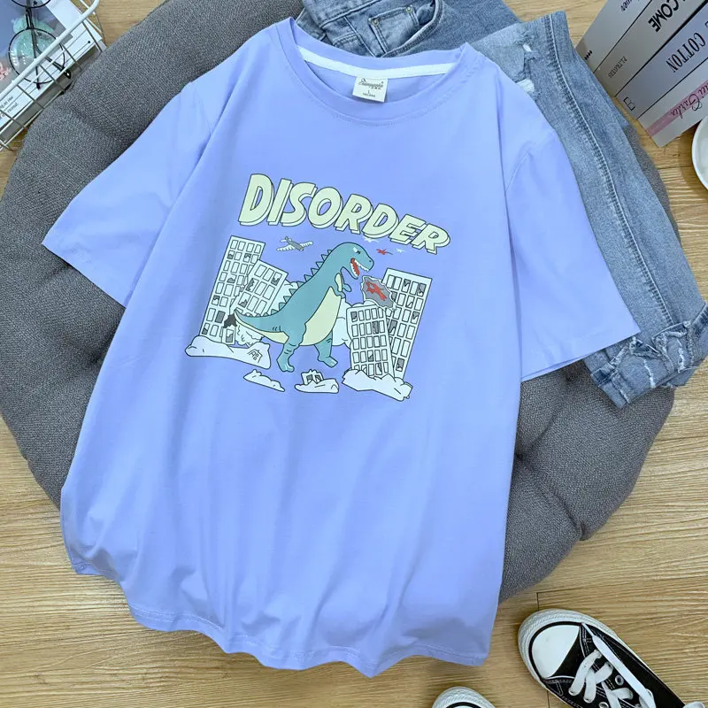 95% Cotton summer Ins Hot Plus Size women t-shirts harajuku Korean Streetwear couple clothes dinosaur short Tops japanese D03