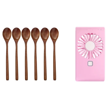 

1set USB Charge Mini- Hold Fans Student Bring Portable Small Fan Mini Air Cooler Pink & 6 Pieces Wood Soup Spoons