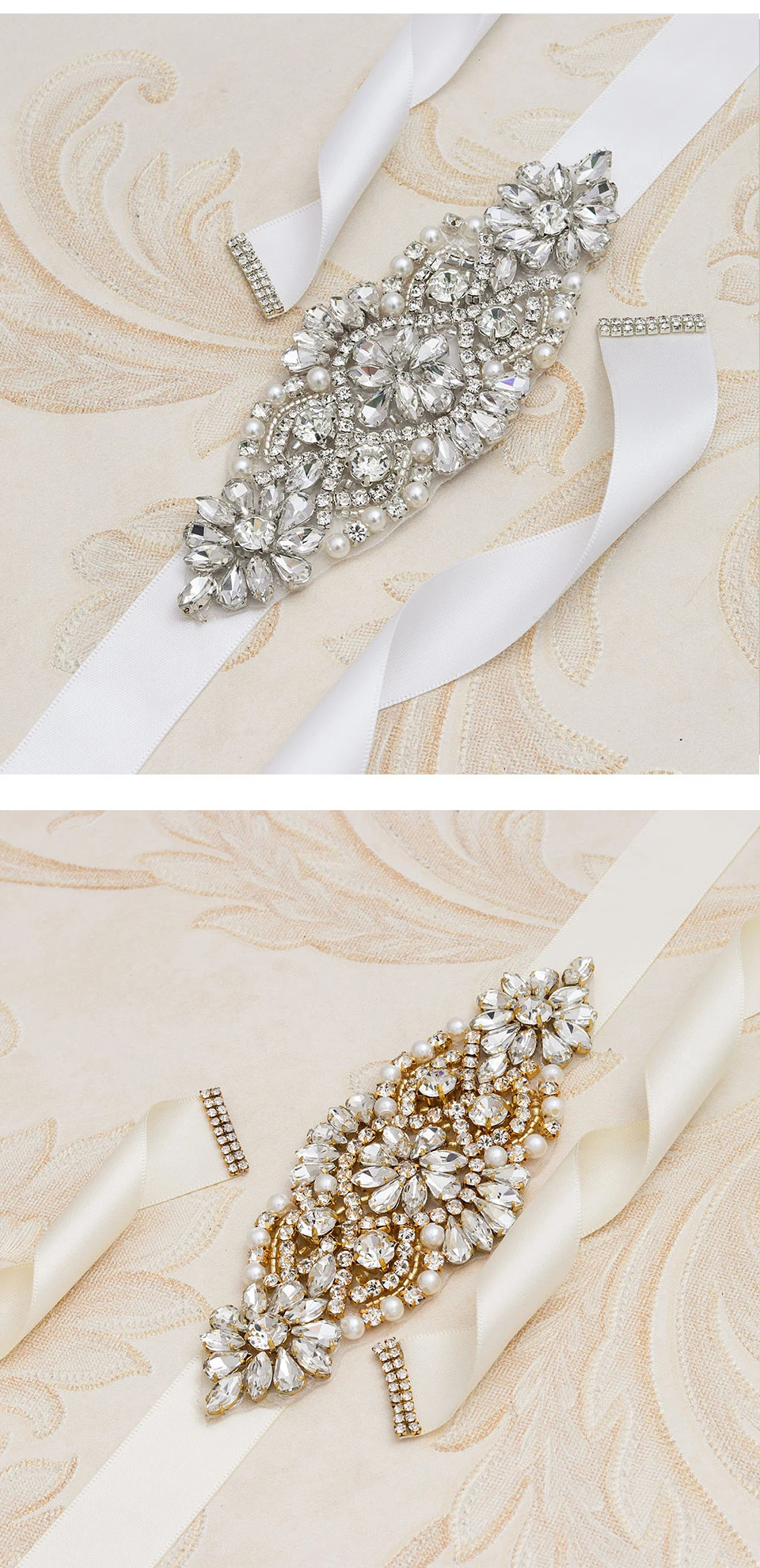 MissRDress Wedding Dress Belt Rhinestones Bridal Sash Crystal Pearls Bridal Belt Gold Wedding Sash Bridal Dress Belt JK850