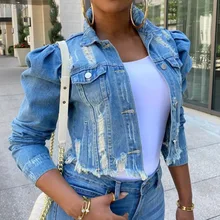 

Women's Denim Jacket Casual Retro Long Sleeve Lapel Spring and Autumn Personality Hole Versatile Denim Jacket Free Shipping