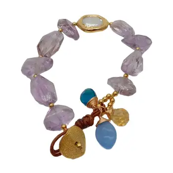 

Natural Genuine stone Amethysts Faceted Nugget White Coin freshwater Pearl Bracelet 9"