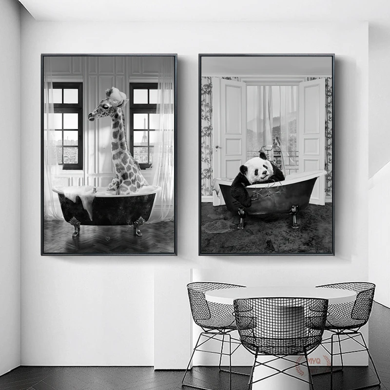 

Nordic Black and White Canvas Painting Animal Posters Giraffe Panda Children's Bathroom Wall Art Picture Decorativos Home Decor