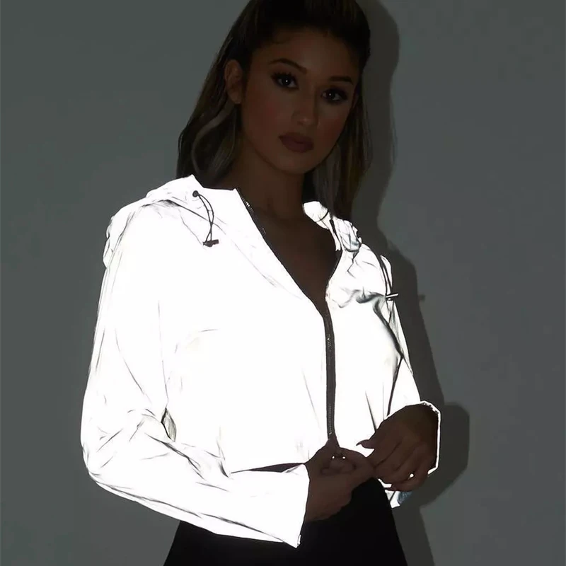 

InstaHot Hooded Drawstring Zip Up Jacket Women Cool Gray Reflective Light Loose Crop Tops Long Sleeve 2018 Fashion Open Stitch