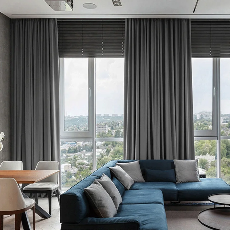 Solid Color Thermal Insulated 90% + Blackout Curtains for Living Room Bedroom Gray Black Blue Thick Window Curtain Treatment