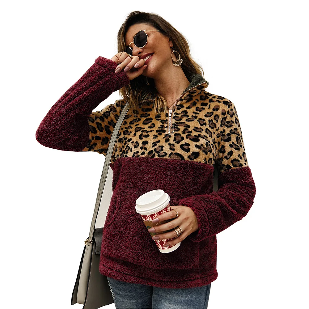 Женский леопардовый Свитшот шерпа осень кенгуру карман лохматый негабаритный свободный флис Повседневная Женская толстовка пуловеры - Цвет: wine