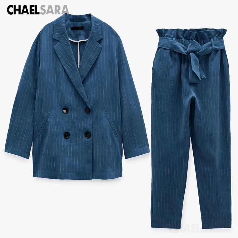 

Spring Autumn Office Lady Striped Pant Suit Elegant Double Breasted Blazer Jacket + Pant Two Piece Set Female Casual Outfits