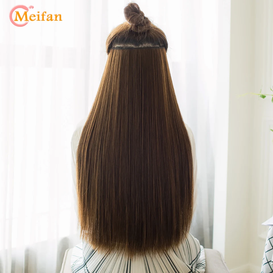 MEIFAN, 60 см, черный, коричневый, высокая температура, синтетические волосы для женщин, длинные, натуральные, шелковистые, прямые, 5 клипов, для наращивания волос