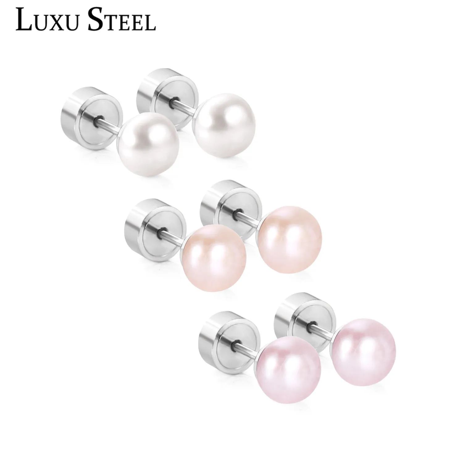 

LUXUSTEEL Newest 3pairs/lots Pink/White/Light Purple Imitation Pearl Earring Sets Stainless Steel Silver Stud Earrings Bijoux