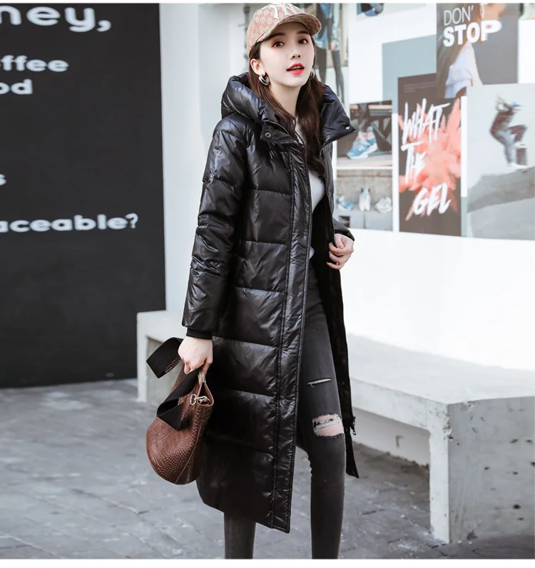 Off Season down Jacket Women's Mid-length over-the-Knee Thick Bright Surface White Duck down Fashion Korean-style Slim Fit