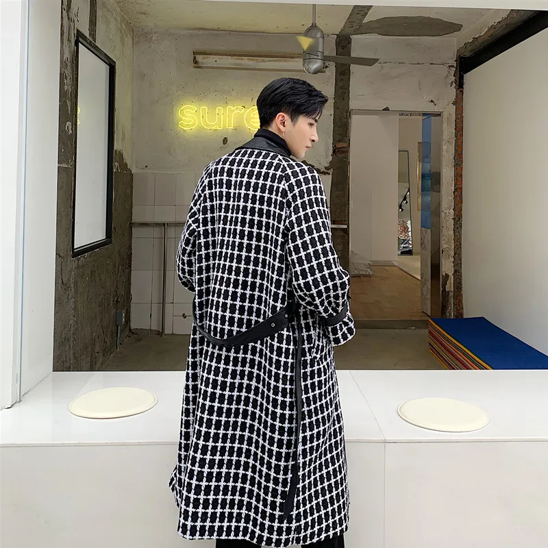 Men Leather Splice Plaid Wool Coat Windbreaker Male Women Streetwear Vintage Fashion Belt Long Overcoat Jacket Lovers Outerwear