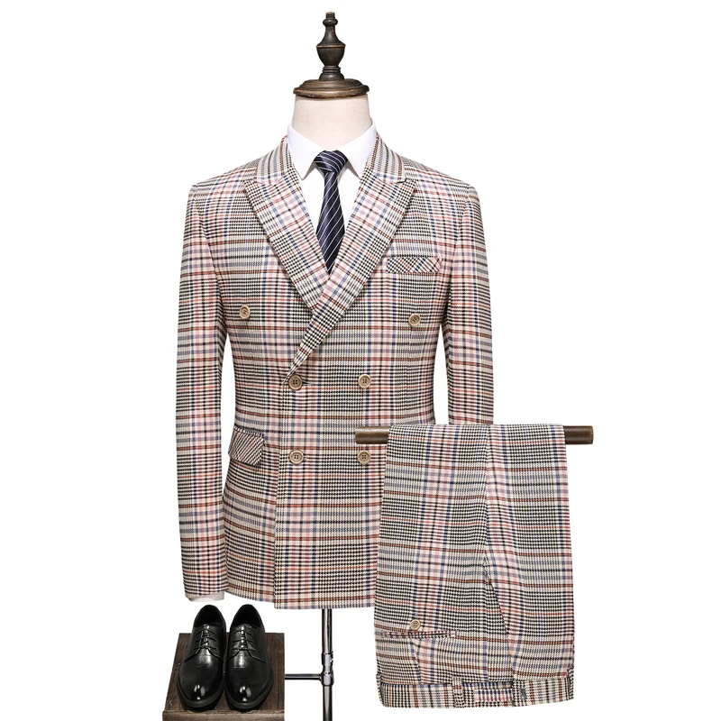 Double Breasted Suit Men 2021 Fashion Brand Men Suits Clothing Slim Fit Mens Suits Wedding Groom Khaki Jacket+Vest+Pants