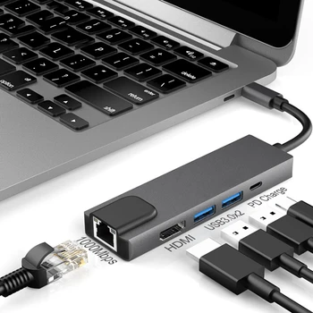 

Newest 5 in 1 USB Type C Hub Hdmi 4K USB C Hub to Gigabit Ethernet Rj45 Lan Adapter for Macbook Pro Thunderbolt 3 USB-C Charger