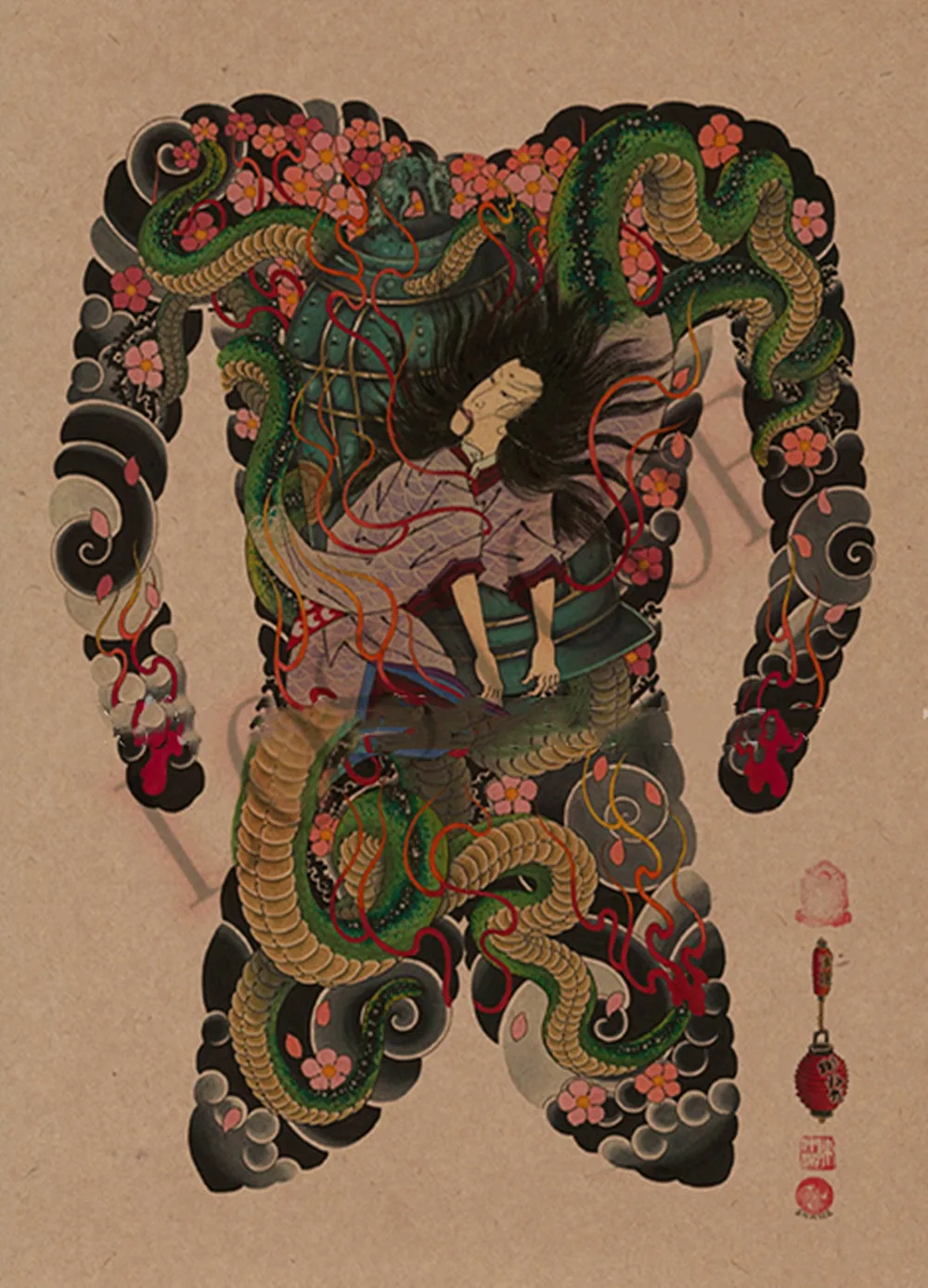 Потертые шикарные татуировки Ukiyo-e постеры с рисунком крафт-бумага для внутренней