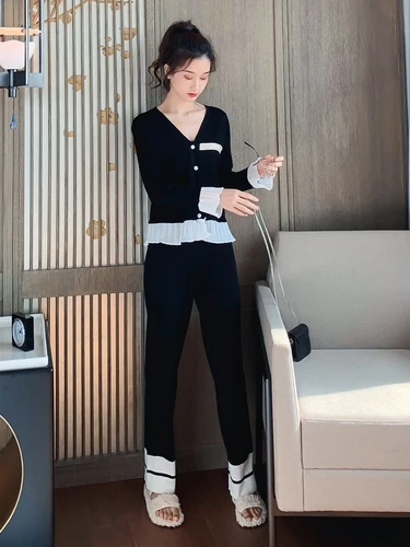 

Knitwear Set Women's Autumn 2019 Chiffon Stitching Long Sleeve Top + Cardigans Pleated High Waist Wide Leg Pants Two Piece Dr782