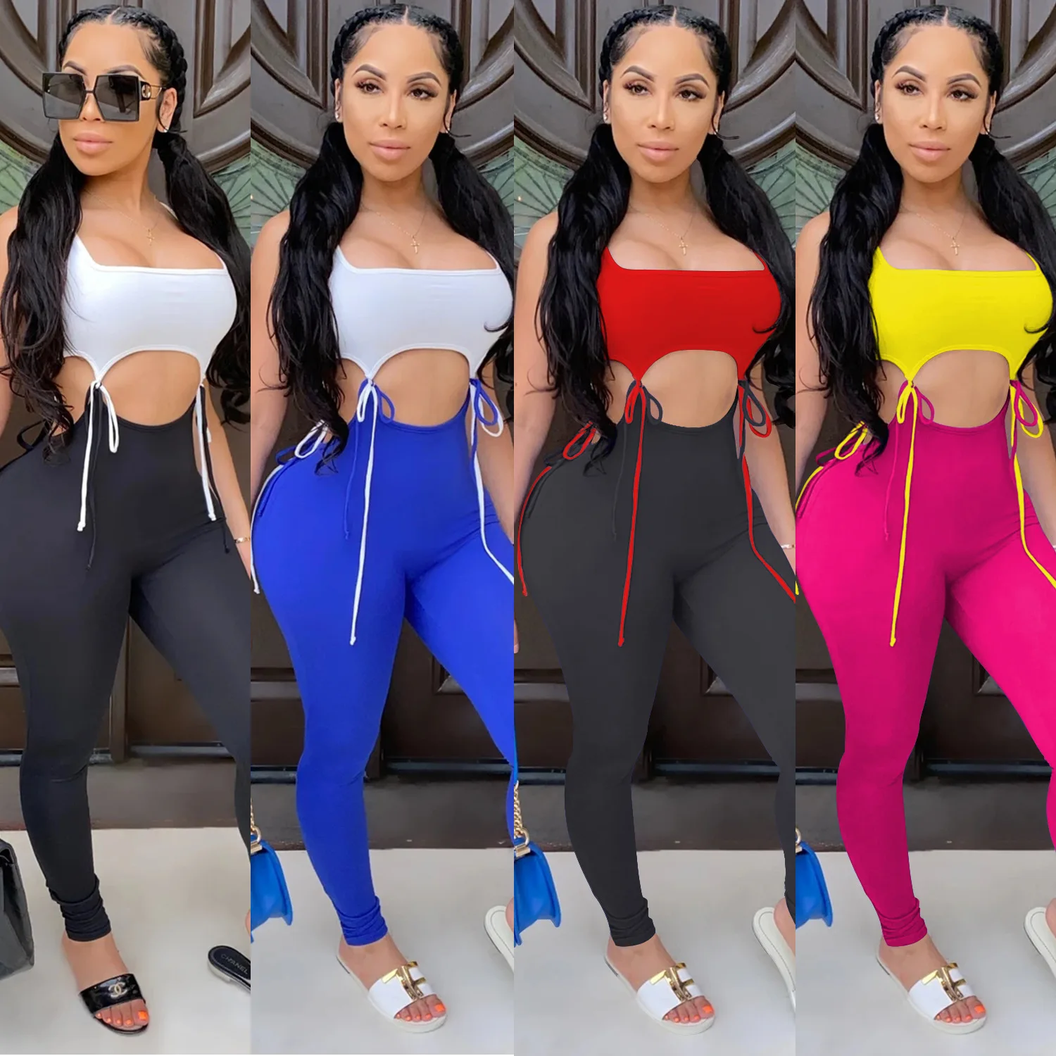 

Women Fashion Sexy Lace-up 2-piece Outfit Set Summer Sleeveless Solid Color Square Collar Slim Camis Tight Pants 2 Piece Suit