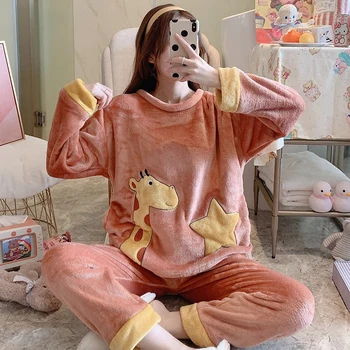 

XIZOU 2 Pieces Winter Women Thicken Warm Soft Pajamas Female Flannel Pajamas Set Long Sleeve Sleepwear for Girls Ladies Pyjama