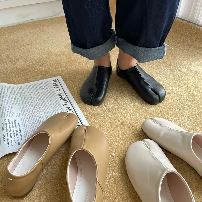 Bailamos Women Flats Tabi Ninja Moccasins Round Split Toe Shallow Lazy Slip On Slingback Mules Leather Shoes Soft Loafers Slip