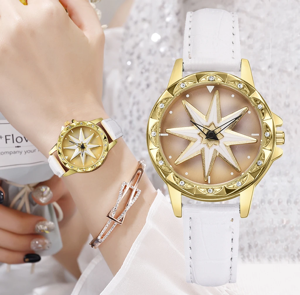 

Fashion Women's Rotating Dial Leather Band Analog Quartz WristWatch Golden Ladies Sports Watch Women Dress Reloj Mujer Clock