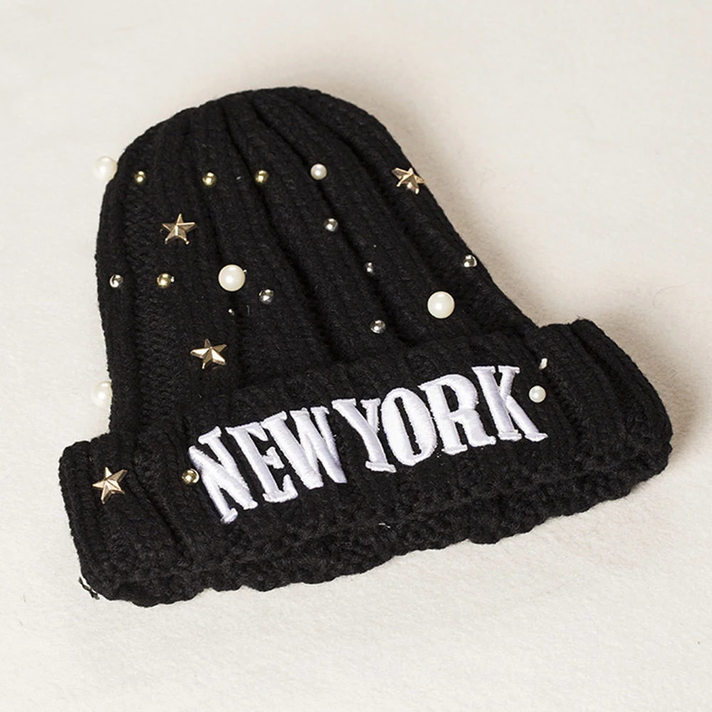 Зимняя шапка для взрослых, Повседневная шапка Skullies Beanies для женщин и мужчин, шапка с надписью и жемчужинами, одноцветная шерстяная шапка, теплая ветрозащитная верхняя одежда, аксессуары
