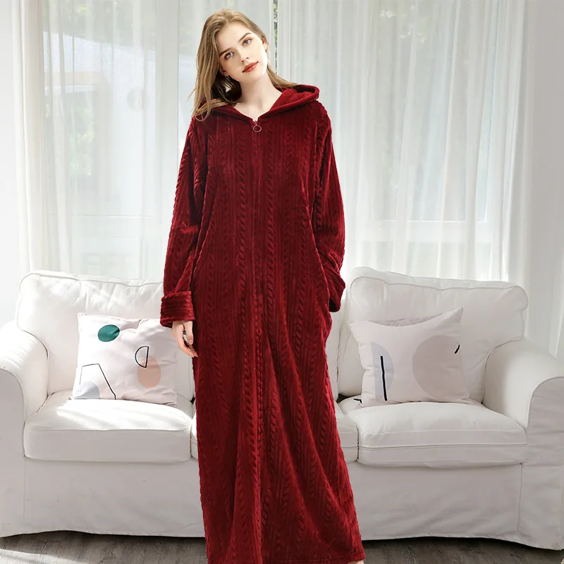 Осенне-зимний банный халат длинный плотный теплый халат femme с шапкой халаты для женщин однотонные домашние халаты большого размера - Цвет: as picture