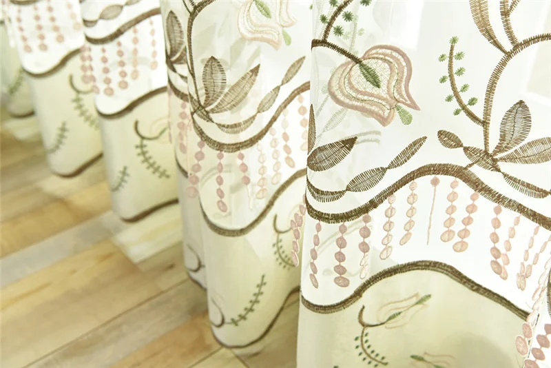 Flower Embroidery Sheer Tulle for Living Room Beaded Pattern Window Drapes for Balcony Plant Glass Yarn for Bedroom X-WP437#2