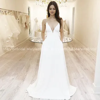 

Simple Low V Neckline Beach Wedding Dress With Pockets Spaghetti Straps A-line Boho Bridal Dress Cheap robe de mariee Customize