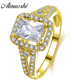 

AINUOSHI Trendy Double Layer Halo Ring 14K Solid White/Yellow Gold Band Rectangle Cut Sona Diamond Women Wedding Engagement Ring