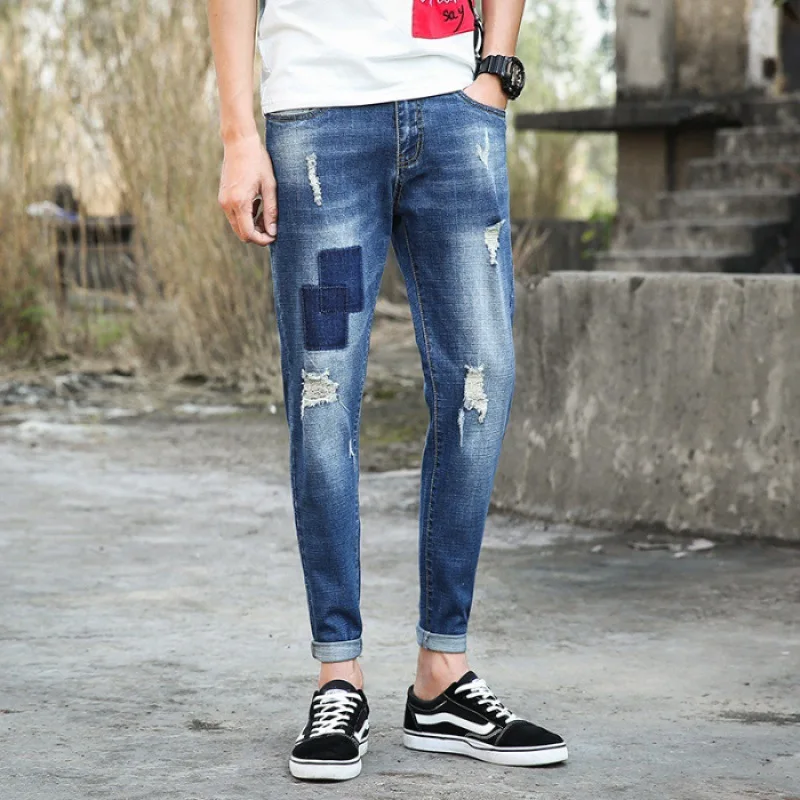 

Blue with Holes Denim (Ankle-length Pants) Men Medium Waist Elasticity Slim Fit Skinny Pants Slimming Pants Korean-style Trend