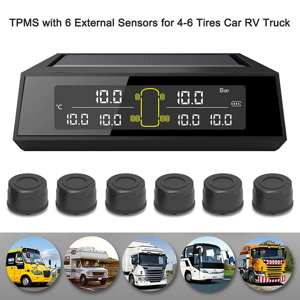 

Car Tire Pressure Alarm Monitor System W/ 6 External Sensors Wireless Solar Power Digital LCD Display For Car Security Alarm Sys