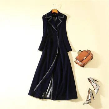 

Women vintage fashion velvet coat brand designer notched collar autumn winter long sleeve sexy long coats blue red black