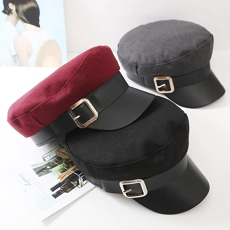 

Boinas Para Mujer Korean Style Metal Buckle Leather Stitching Military Cap Temperament All-match Woolen Cloth Berets Caps Chapeu