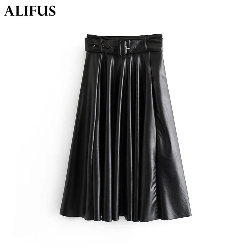 Prezzo Di modo Za 2019 Donne Dell annata Elegante Vita Alta Gonna di Pelle Nera Una Linea A Pieghe di Base Femminile casual Indossare in Ufficio Midi gonne