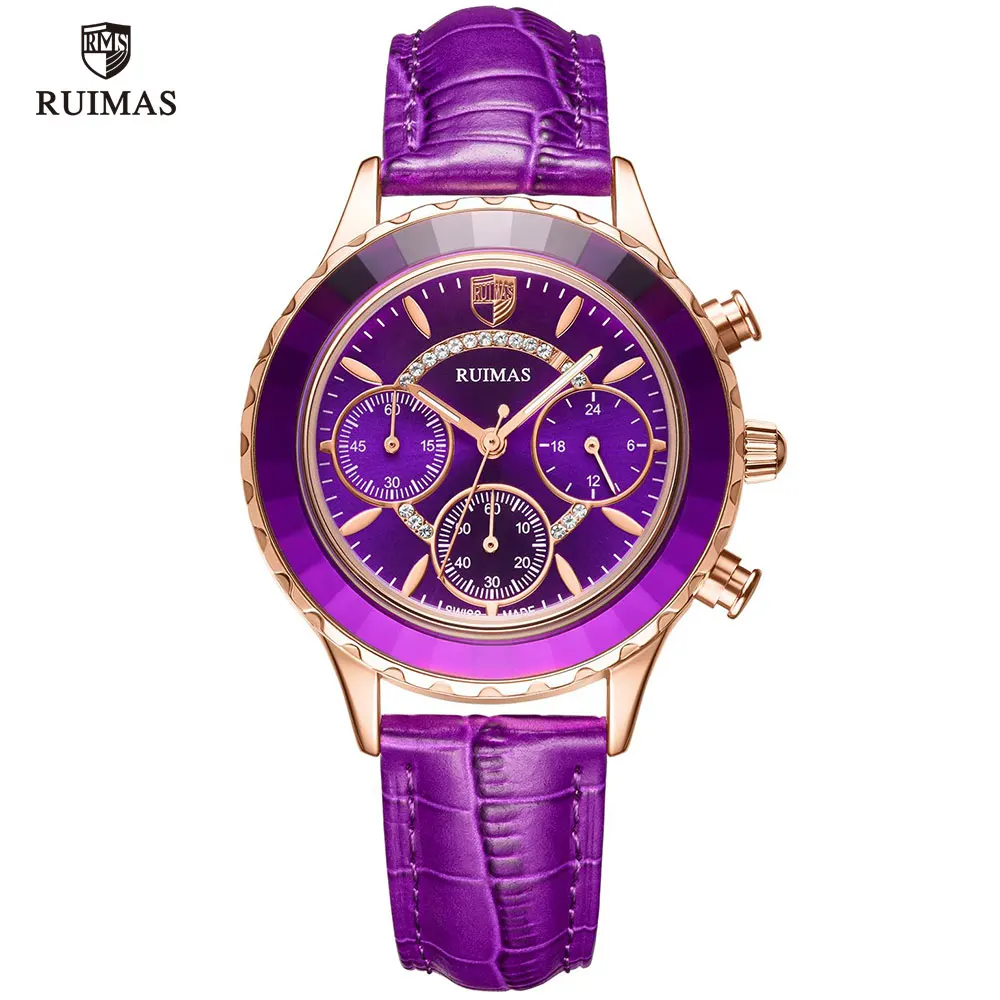 RUIMAS Women's Chronograph Quartz Watches Luxury Green Leather Wristwatch Lady Female Watch Top Brand Relogio Feminino Clock 592 - Цвет: RL592L-Purple