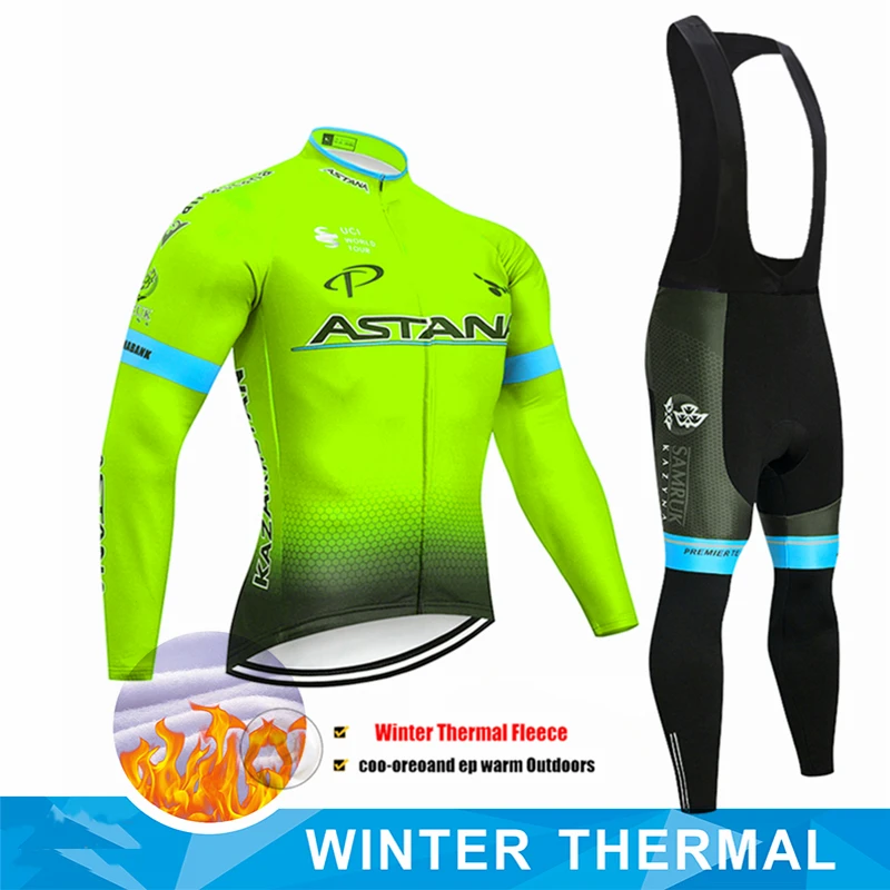 Флуоресцентный зеленый Астана Ropa Ciclismo Invierno Зимний Велоспорт Джерси термальный флис с длинным рукавом Велоспорт одежда Набор велосипед одежда