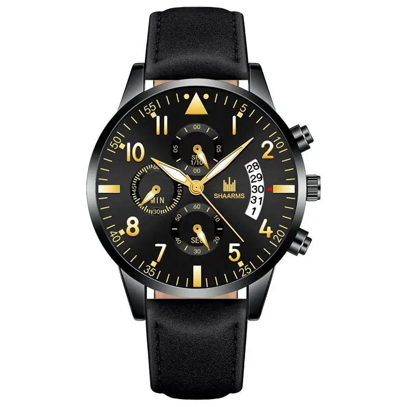 SHAARMS мужские черные часы Роскошный кожаный ремешок нержавеющая сталь кварцевые наручные часы мужские военные спортивные часы Relogio Masculino - Цвет: G