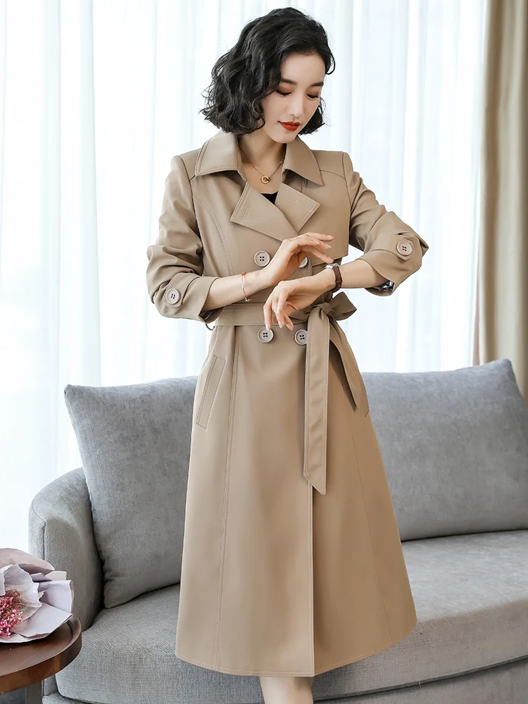 Spring and Autumn New Windbreaker Female Long Section Double Breasted Over The Knee Women's Loose Belt Khaki Jacket