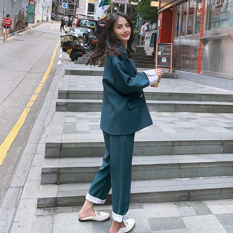 

Large Turn Sleeve Suit WOMEN'S Suit 2019 Autumn New Style Korean-style Versitile Fashion Straight-Cut Suit Pants Two-Piece Women
