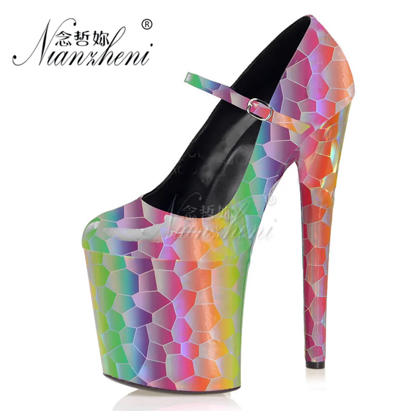 

Hot sale Laser Color Shallow Women's Pumps Buckle strap 8 inches Novelty Party Dress 20CM Super High heeled shoes Big Size Style