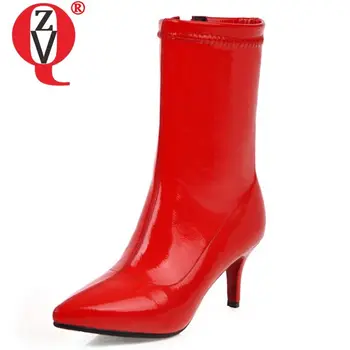 

ZVQ patent leather booties 2019 autumn fashion 6.5cm high heels Pointed toe zipper Chelsea Ankle Boots plus size women's shoes