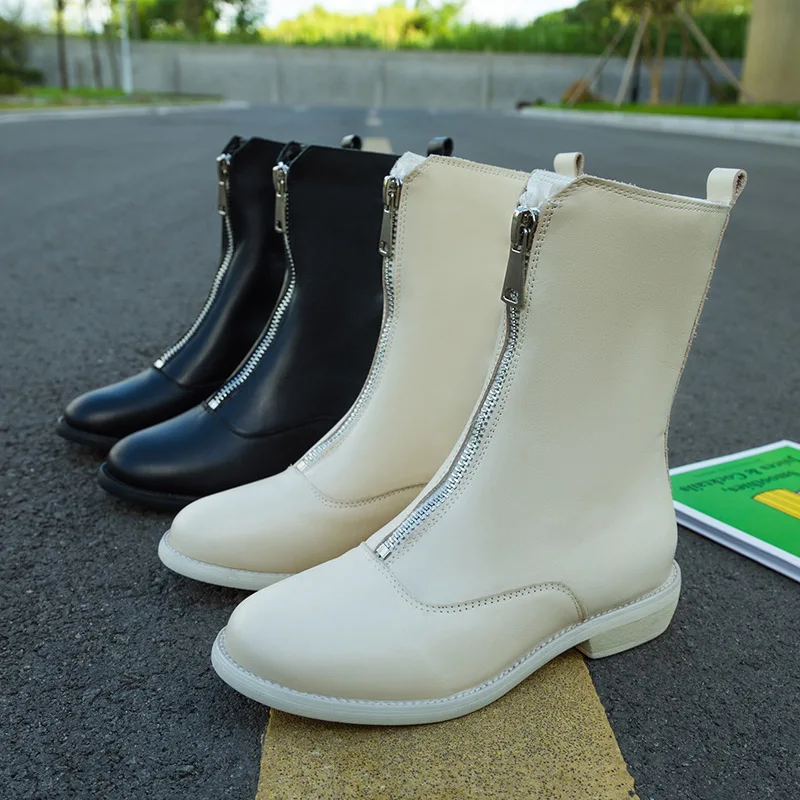 

2019 autumn new fashion leather front zipper Martin boots women's tube net red booties