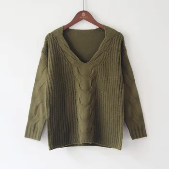 

2020 autumn and winter pullover new European and American large size loose deep V-neck twist women sweater 69197