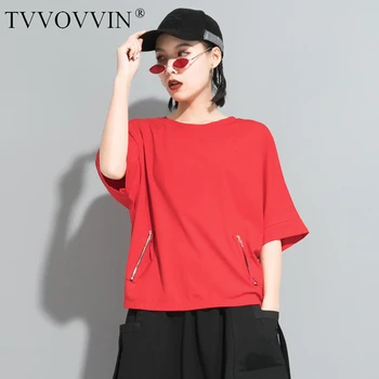

Loose Women Black Zipper Split Big Size T-shirt Round Neck Three-quarter Sleeve Fashion Tide Spring Summer 2020 JPDO
